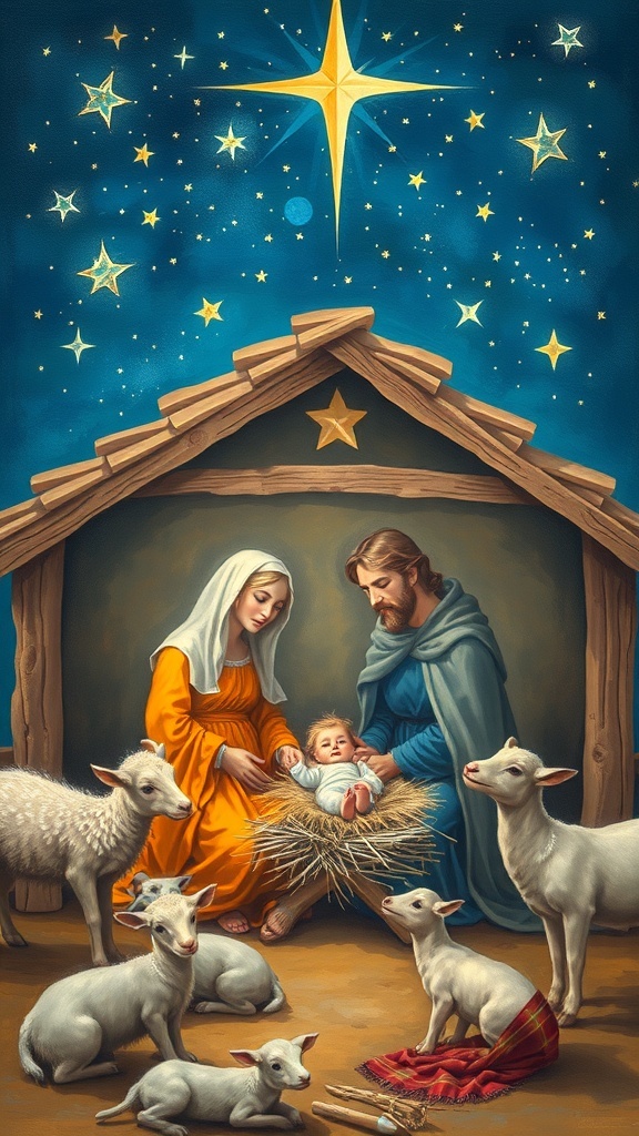A nativity scene painting with Mary, Joseph, and baby Jesus in a stable under a starry night sky.